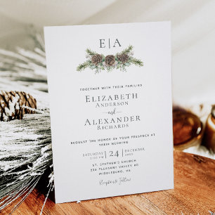 Winter Pine Cone Greenery Monogram Wedding Invitation