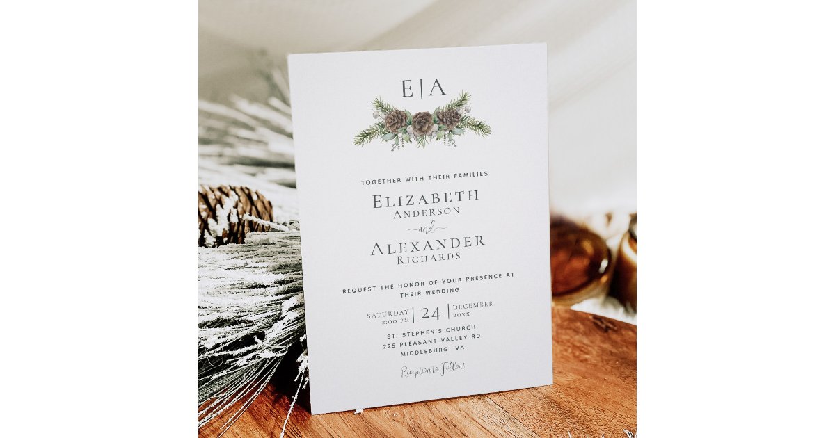 Winter Pine Cone Greenery Monogram Wedding Invitation | Zazzle
