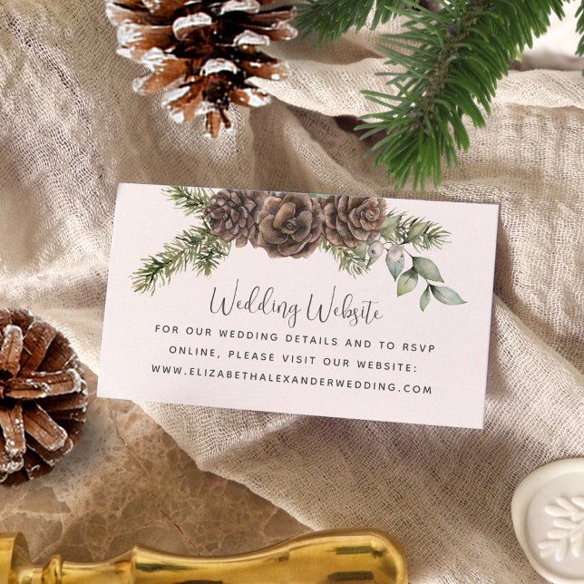 Winter Pine Cone Greenery Wedding Website Enclosure Card (Creator Uploaded)