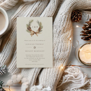 Winter Pine Cone & Leaves Wreath Monogram Wedding Invitation