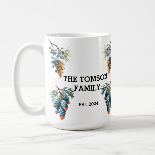 Winter Pine Cones Family Name Design Coffee Mug (Left)