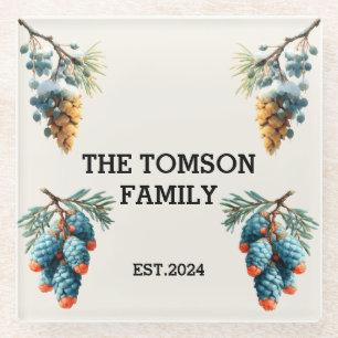 Winter Pine Cones Family Name Design Glass Coaster