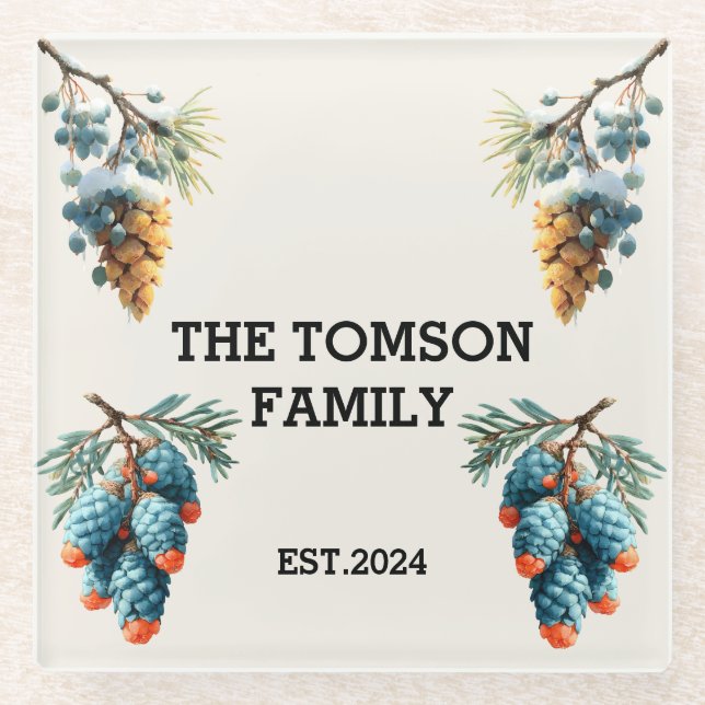 Winter Pine Cones Family Name Design Glass Coaster (Front)