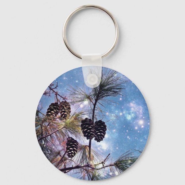 Winter Pine Cones under a starry night sky Key Ring (Front)