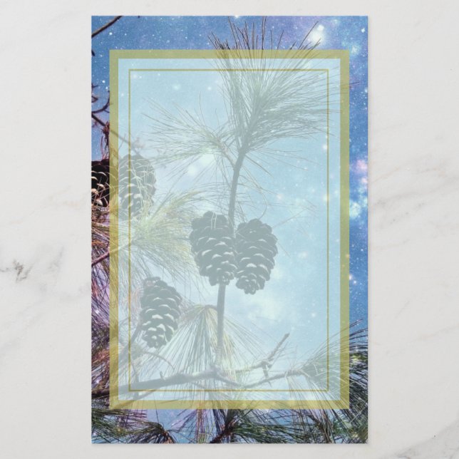 Winter Pine Cones under a starry night sky Stationery (Front)