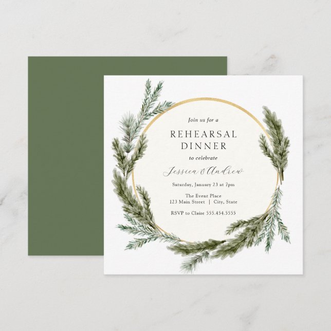 Winter Pine Evergreen Wedding Rehearsal Dinner Invitation (Front/Back)