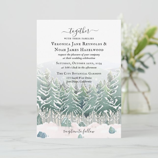 Winter Pine Forest Snow Mountains Invitation (Standing Front)