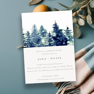 Winter Pine Forest Snowfall Navy Rehearsal Dinner Invitation