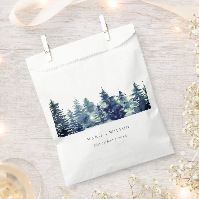Winter Pine Forest Snowfall Watercolor Wedding Favour Bags (Clipped)