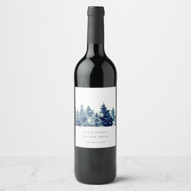 Winter Pine Forest Snowfall Watercolor Wedding Wine Label (Front)