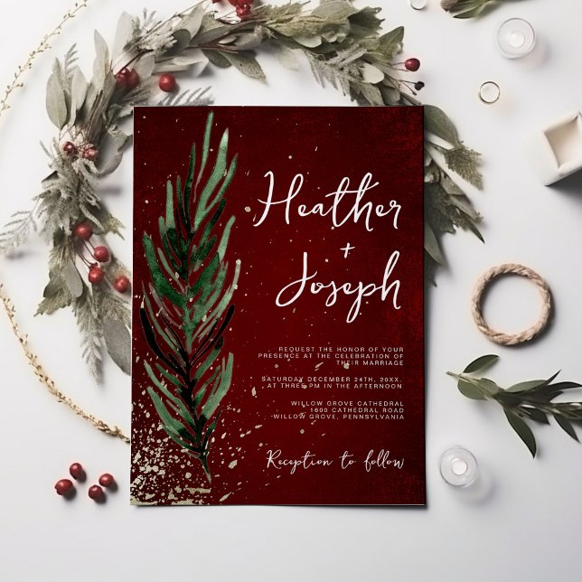 Winter Pine & Gold Christmas Festive Wedding Invitation (Creator Uploaded)