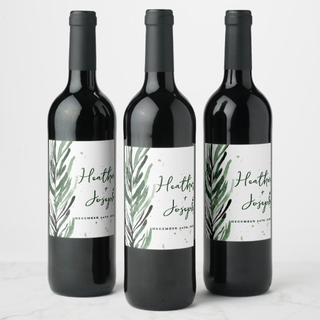 Winter Pine & Gold Christmas Festive Wedding Wine Label (Bottles)