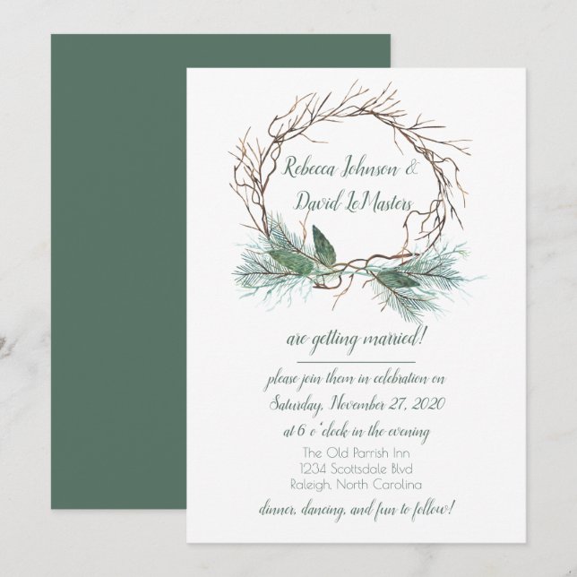 Winter Pine Grapevine Wreath Wedding Invitation (Front/Back)