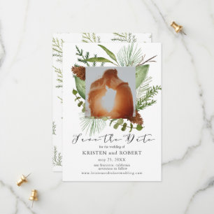 Winter Pine Greenery Photo Save The Date Card