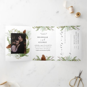 Winter Pine Greenery Tri Fold Wedding Invitation
