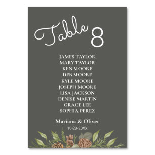 Winter Pine Grey Table Number Card with Names