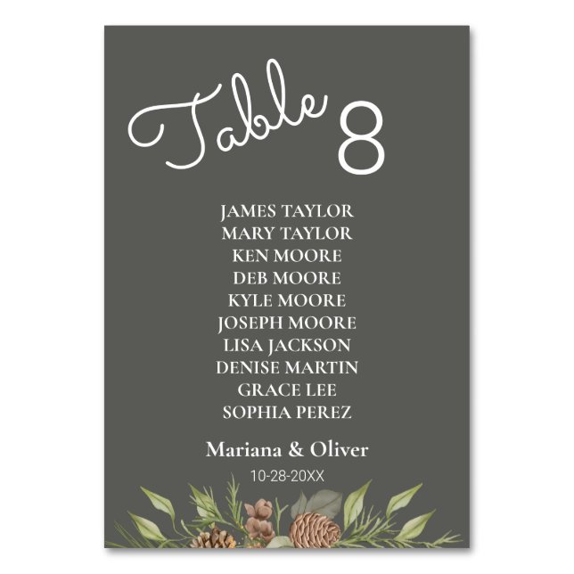 Winter Pine Grey Table Number Card with Names (Front)