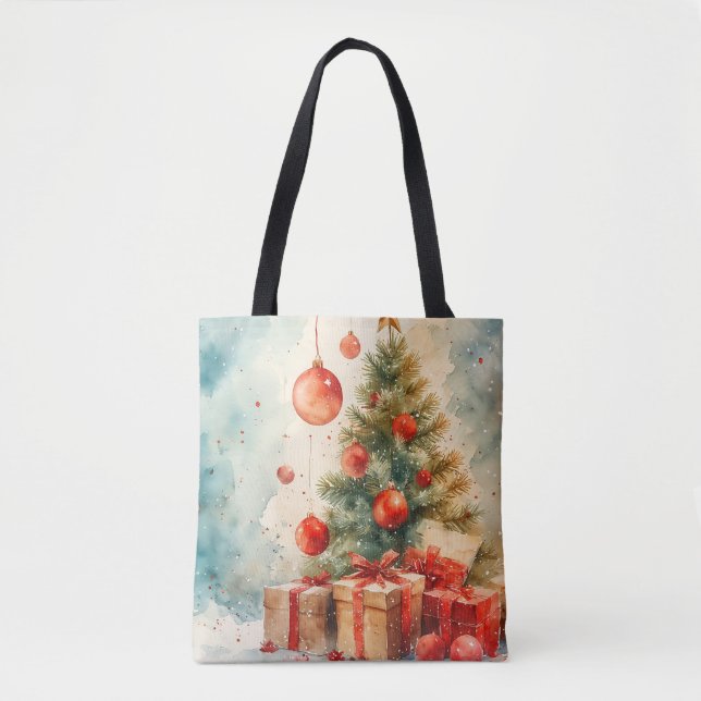Winter Pine & Holly Watercolor Tote (Front)