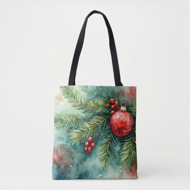 Winter Pine & Holly Watercolor Tote (Front)