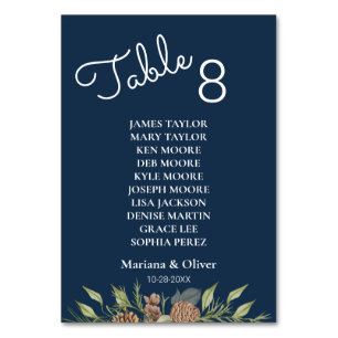 Winter Pine Navy Blue Table Number Card with Names