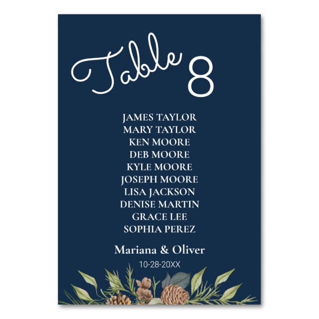 Winter Pine Navy Blue Table Number Card with Names (Front)