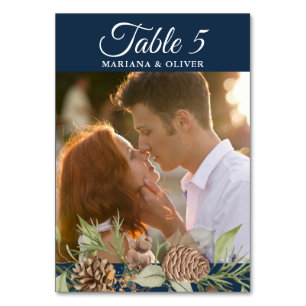 Winter Pine Navy Blue Wedding Table Number