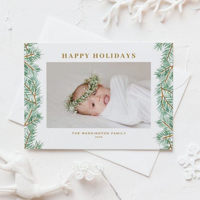 Winter Pine Needles Garland Photo Happy Holidays Holiday Postcard (Watercolor Pine Needles Garland Photo Happy Holidays Postcard)