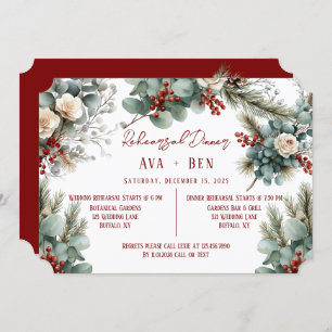 Winter Pine Needles Red Berries Rehearsal Dinner Invitation