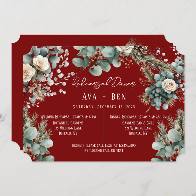 Winter Pine Needles Red Berries Rehearsal Dinner Invitation (Front/Back)