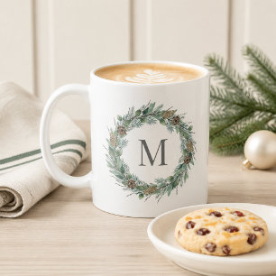 Winter Pine Pinecone Wreath Monogram Coffee Mug