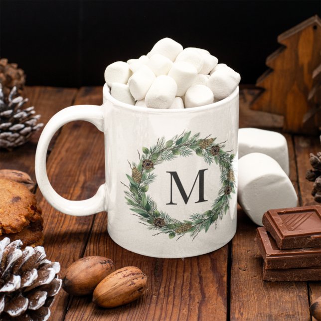 Winter Pine Pinecone Wreath Monogram Coffee Mug (Creator Uploaded)