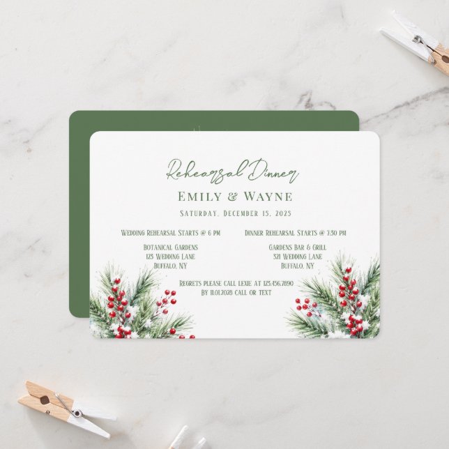 Winter Pine & Red Berries Rehearsal Dinner Invitation (Front/Back In Situ)