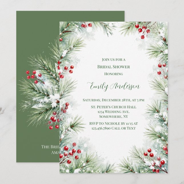 Winter Pine & Red Berry Bridal Shower Invitation (Front/Back)