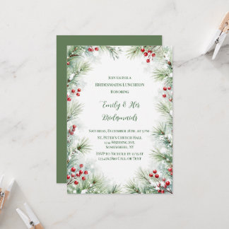 Winter Pine & Red Berry Bridesmaids Luncheon Invitation