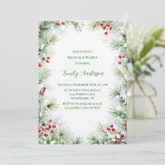 Winter Pine & Red Berry Brunch & Bubbly Invitation