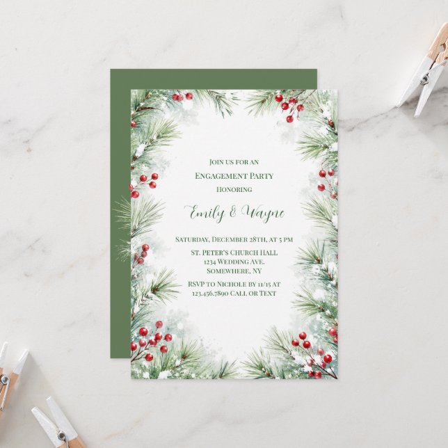 Winter Pine & Red Berry Engagement Party Invitation (Front/Back In Situ)