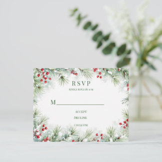 Winter Pine & Red Berry Wedding RSVP Card