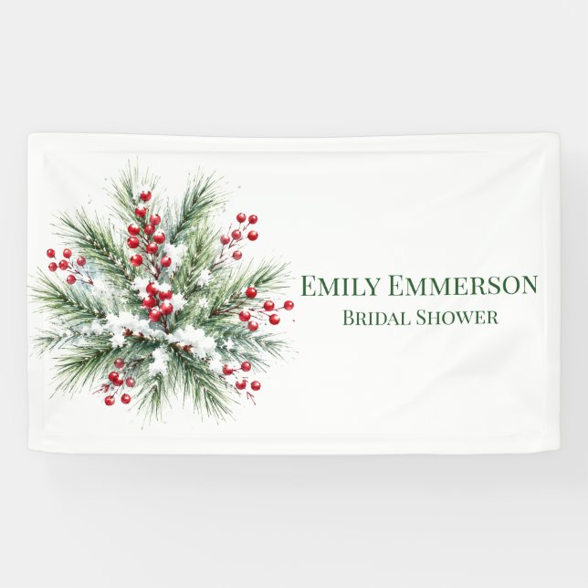 Winter Pine & Red Berry Wedding Welcome Sign (Horizontal)