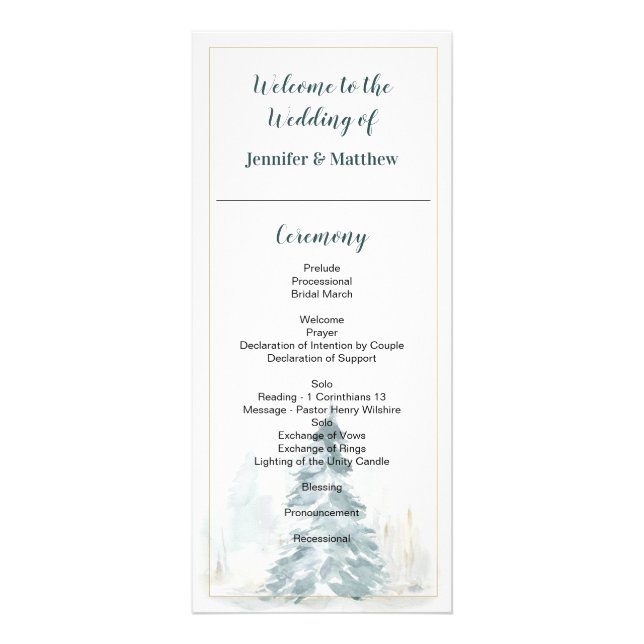 Winter Pine Romance Wedding Program Cards (Front)