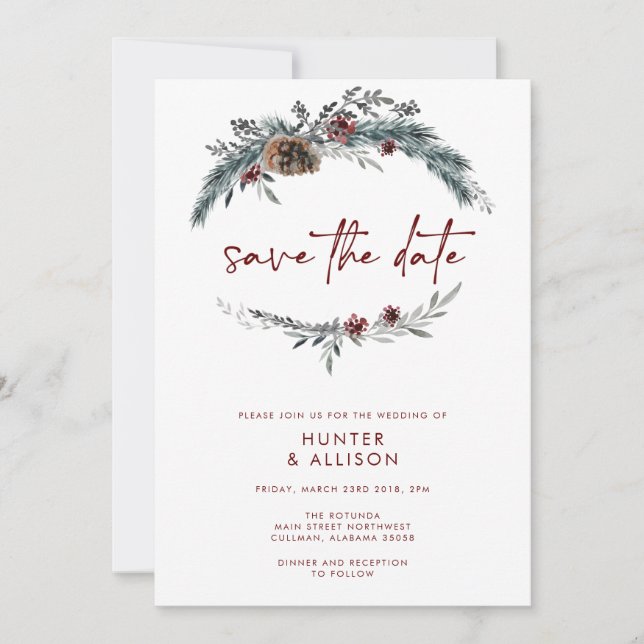 Winter Pine Save the Date Invitation (Front)