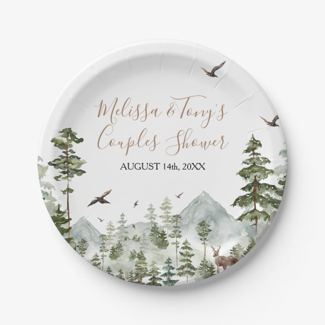 Winter Pine Tree Adventure Awaits Couple Shower Paper Plate (Front)
