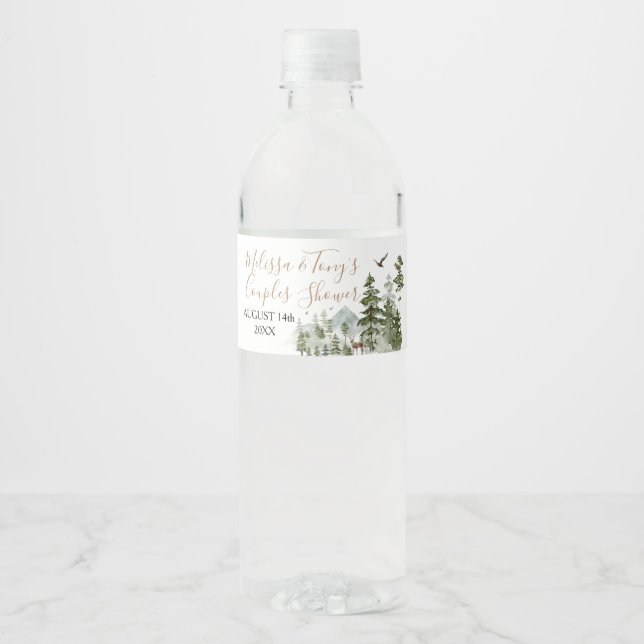 Winter Pine Tree Adventure Awaits Couple Shower Water Bottle Label (Front)