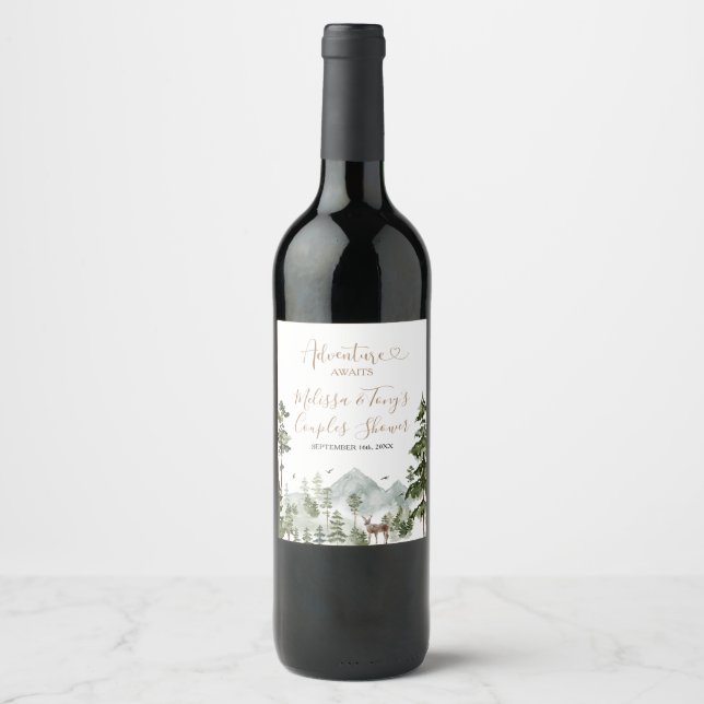 Winter Pine Tree Adventure Awaits Couple Shower Wine Label (Front)