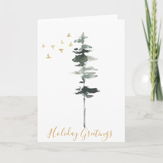 Winter Pine Tree and Birds Watercolor Card (Front)