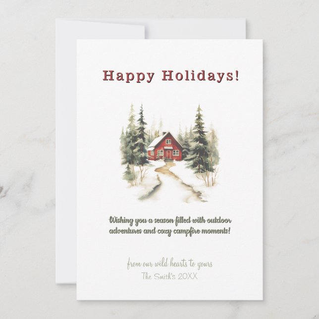 Winter Pine Tree Cabin Adventure Christmas Holiday Card (Front)