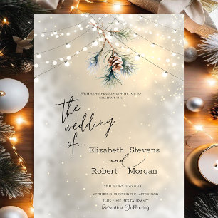 Winter Pine Tree Cone String Lights Wedding Invitation
