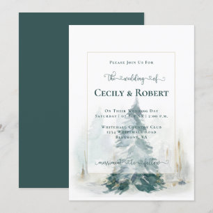 Winter Pine Tree Decorative Lettering Wedding Invitation