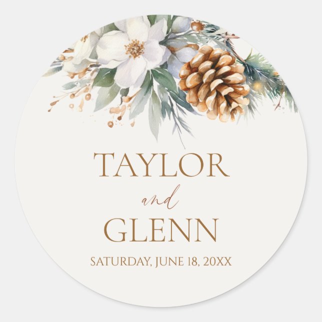Winter Pine Tree Flower Floral Garden Wedding Classic Round Sticker (Front)