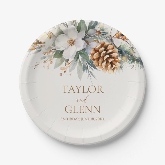 Winter Pine Tree Flower Floral Garden Wedding Paper Plate (Front)