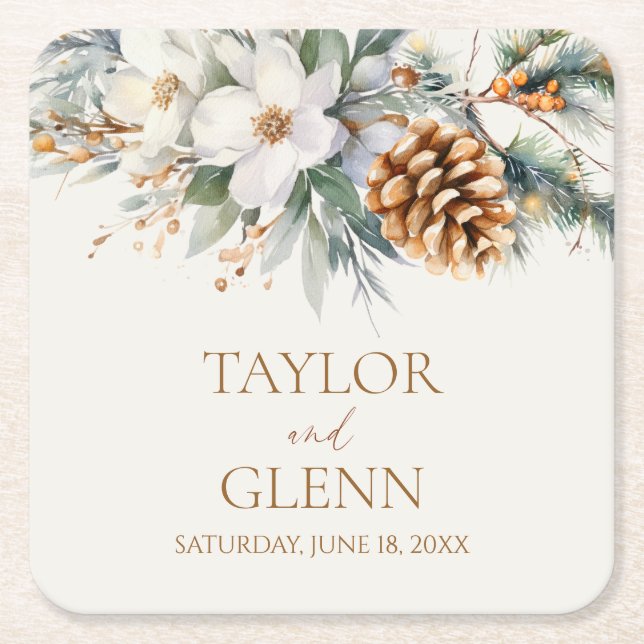 Winter Pine Tree Flower Floral Garden Wedding Square Paper Coaster (Front)